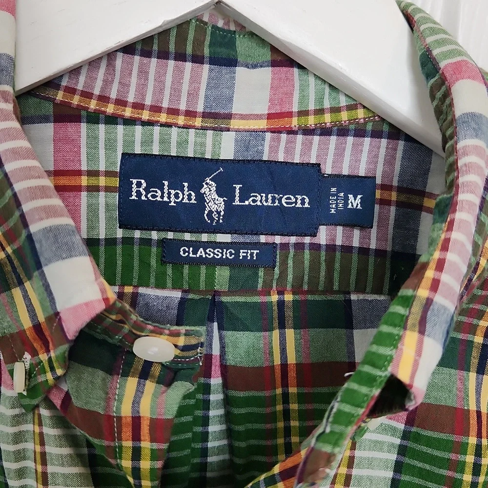 Men's Ralph Lauren classic fit short sleeve button-up shirt green plaid size med - Picture 3 of 6